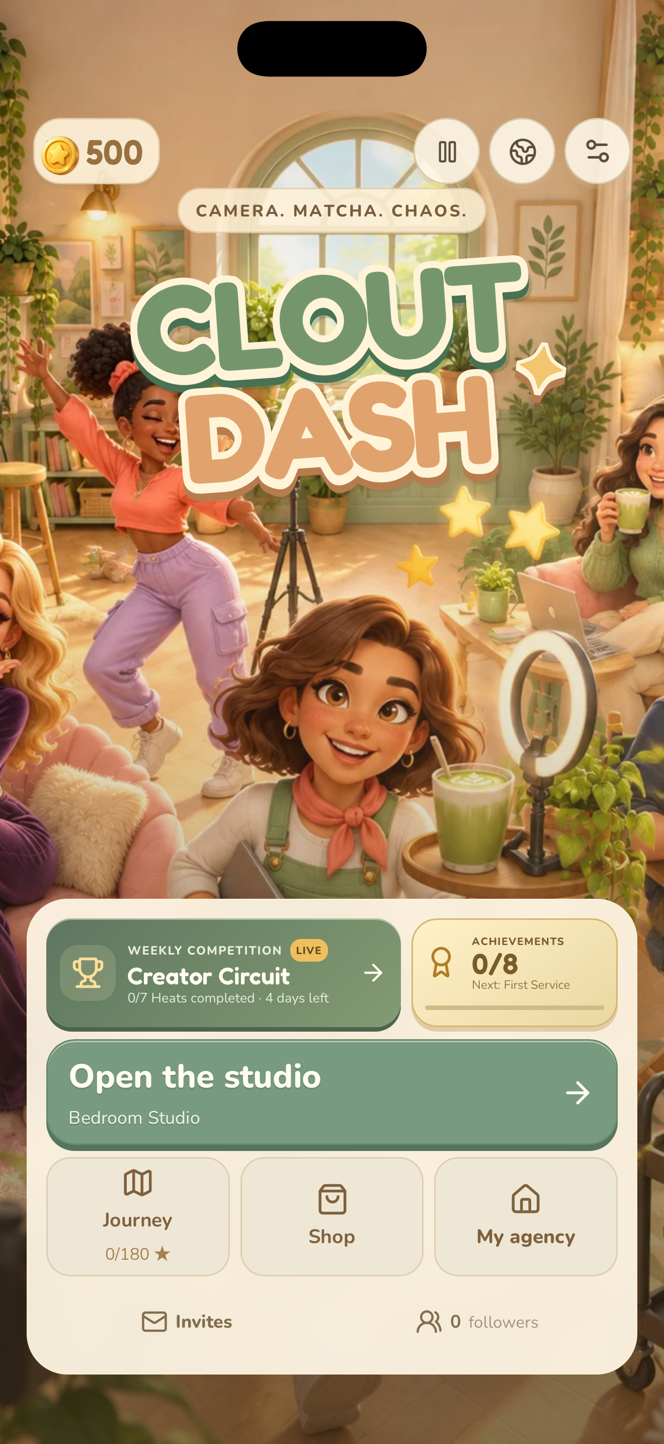 Clout Dash home with Creator Circuit, achievements, journey, shop and the studio entry.