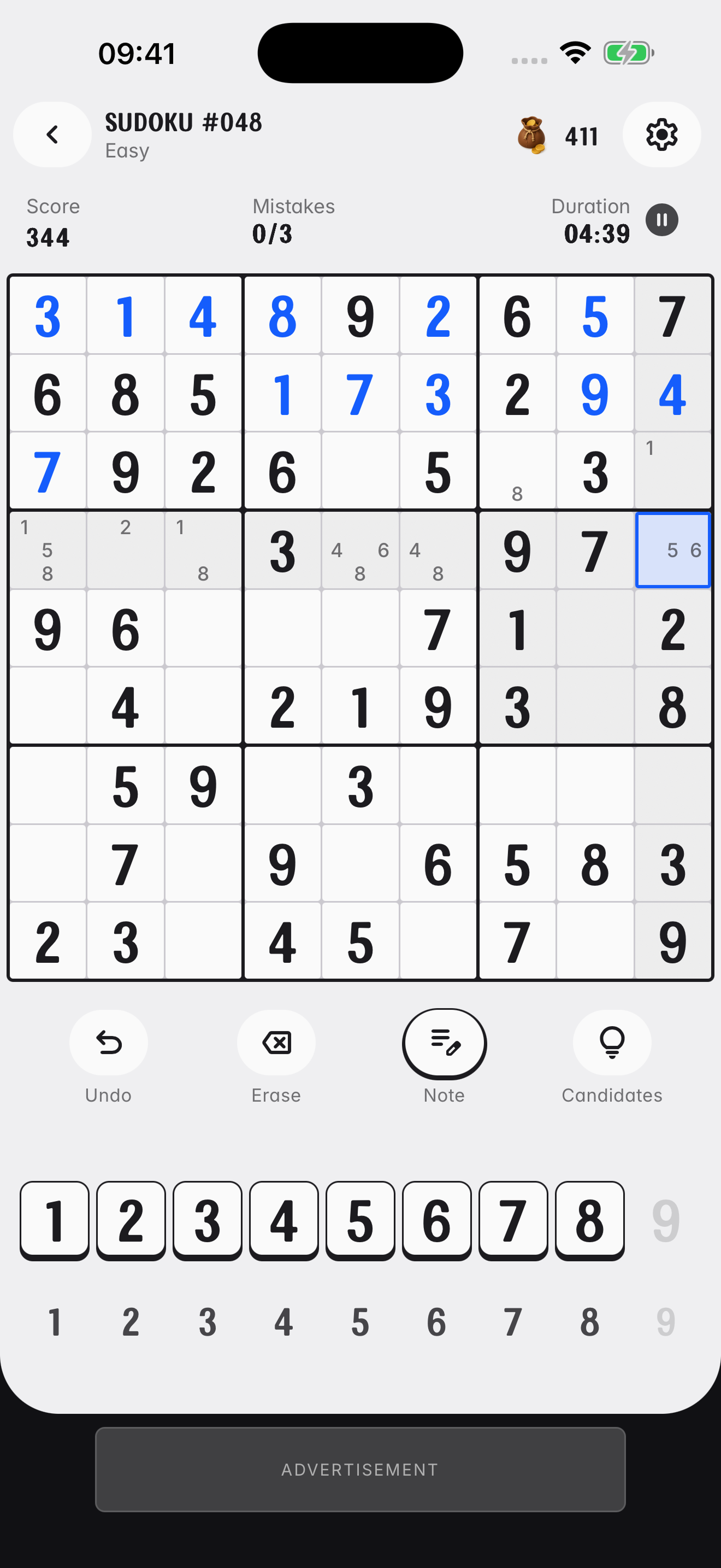 PhiGrid Sudoku game with pencil notes and candidate numbers.